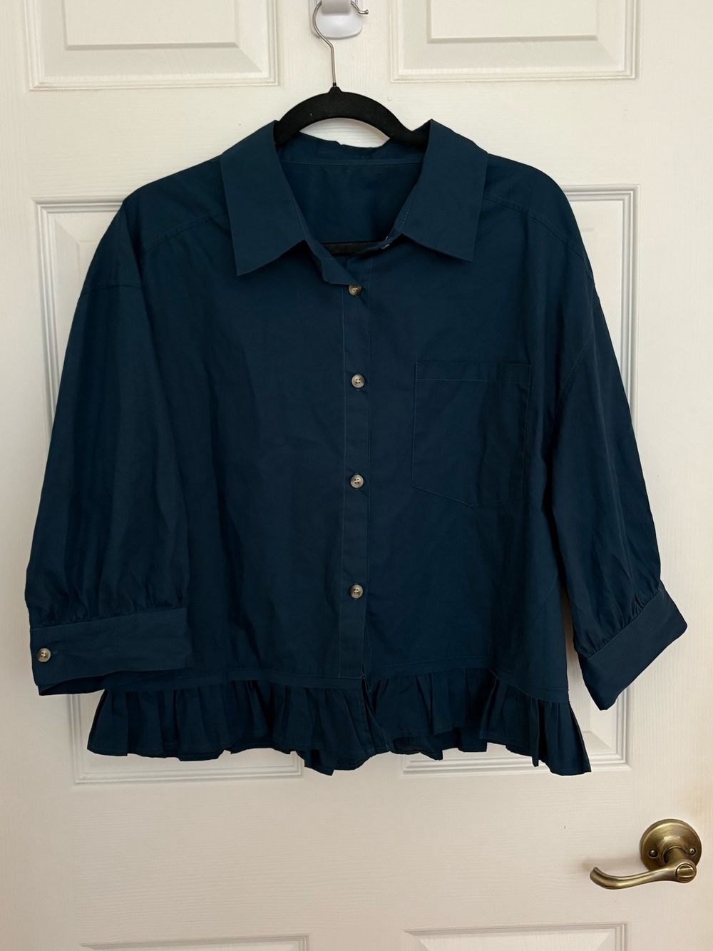 Button-Front Ruffle Hem Blouse in Deep Teal
